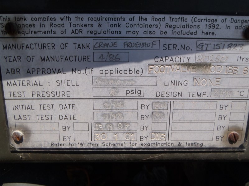 Crane Fruehauf 20250 Litre Tanker For Sale