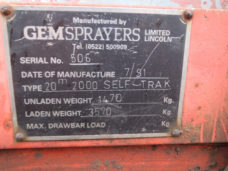 Gem Selftrak 2000 trailed crop sprayer for sale